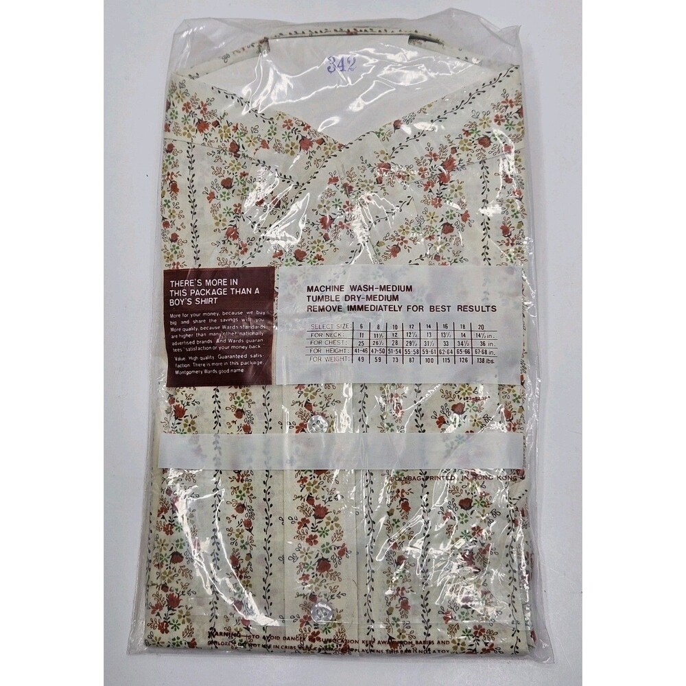 Vtg 1970s Montgomery Ward Long Sleeve Boys Shirt Sz 10 Floral Print Retro NOS - Picture 2 of 7